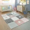 Xrugs Girls Bedroom Rug Pink Grey Star Hearts Rug Thick Woven Carpet Large Small Sizes