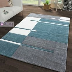 Xrugs Grey Teal Blue Rug Geometric Extra Large Small Woven Mat Contour Cut Patterned Rug Modern