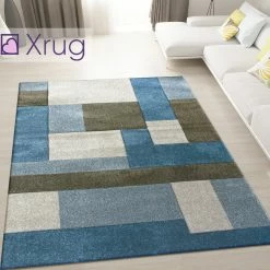 Xrugs Modern Blue And Grey Rug Geometric Hand Carved Pattern Floor Mat Lounge Hallway Carpet
