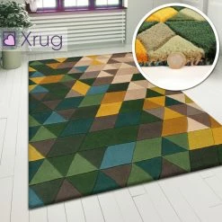 Xrugs Designer Wool Rug Green Yellow Beige Geometric Natural Carpet Large Small Thick Area Mat