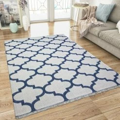 Xrugs Cotton Rugs Cotton Rug Cream Washable Navy Blue Trellis Pattern XL Large & Small Flatweave Natural Living Room Bedroom Carpet