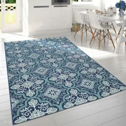 Xrugs Blue Indoor & Outdoor Rug Navy Blue Moroccan Trellis Flat Weave Mat Large Small