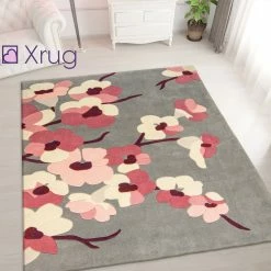 Xrugs Pink Grey Rug Thick Soft Carpet Hand Carved Floral Pattern Small Large XL Circle Modern