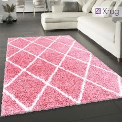 Xrug Fluffy Rug Pink Blush Shaggy Carpet Soft Thick Large Small Geometric Dimaond Pattern For Living Room Bedroom