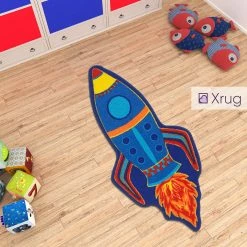 Xrug Kids Space Rug Washable Anti-Slip Rocket Nursery Carpet Boys Childrens Playroom Ma