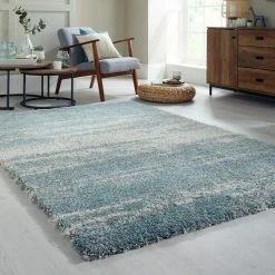 Xrugs Blue Ombre Rug Soft Fluffy Teal Grey Cream Shaggy Carpet Distressed Bedroom Mat Modern