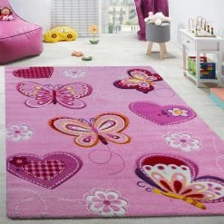 Xrugs Pink Nursery Rug Butterfly Girls Room Carpet Childrens Woven Rug Large Small
