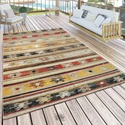 Xrugs Outdoor Rug Large Red Yellow Black Striped Ethnic Design Runner Patio Garden Mat