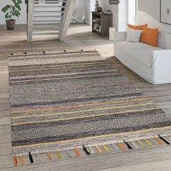 Xrugs Cotton Rugs Large Cotton Rug Striped Multicolored Grey Black Orange Yellow Mustard Cream Mat
