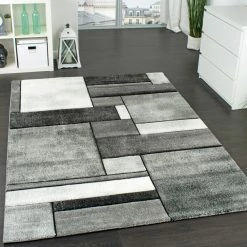 Xrugs Modern Grey Rug Geometric Hand-Carved Pattern Extra Large Small Woven Carpet Mat