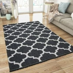 Xrugs Cotton Rugs Washable Black Trellis XL Large & Small Flatweave Natural Living Room Bedroom Carpet
