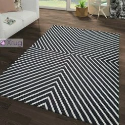 Xrugs Modern Black Rug 100% Cotton Washable Large Small Living Room Carpet White Cream Geometric Pattern Flat Woven Mat