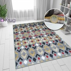 Xrugs Grey Rug Modern Red Yellow Mustard Patterned Rug Woven Carpet Small Large New