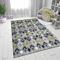 Xrugs Modern Grey Rug Green Blue Patterned Carpet Small Large Living Room Hall Runner