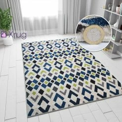 Xrugs Cream Blue Green Rug Geometric Diamond Pattern Carpet Runner Modern Small Large